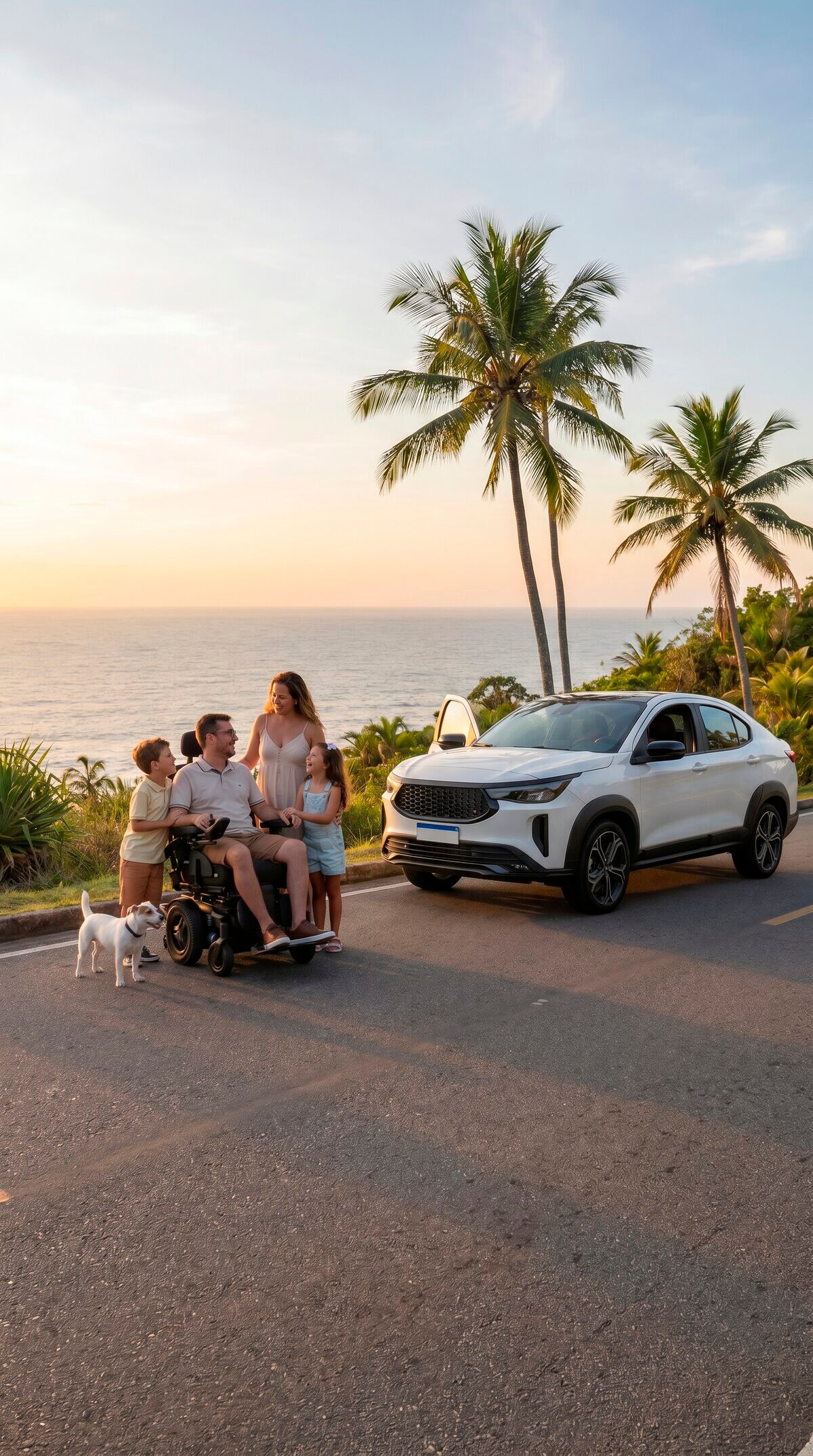 Família com pessoa em cadeira de rodas ao lado do carro novo